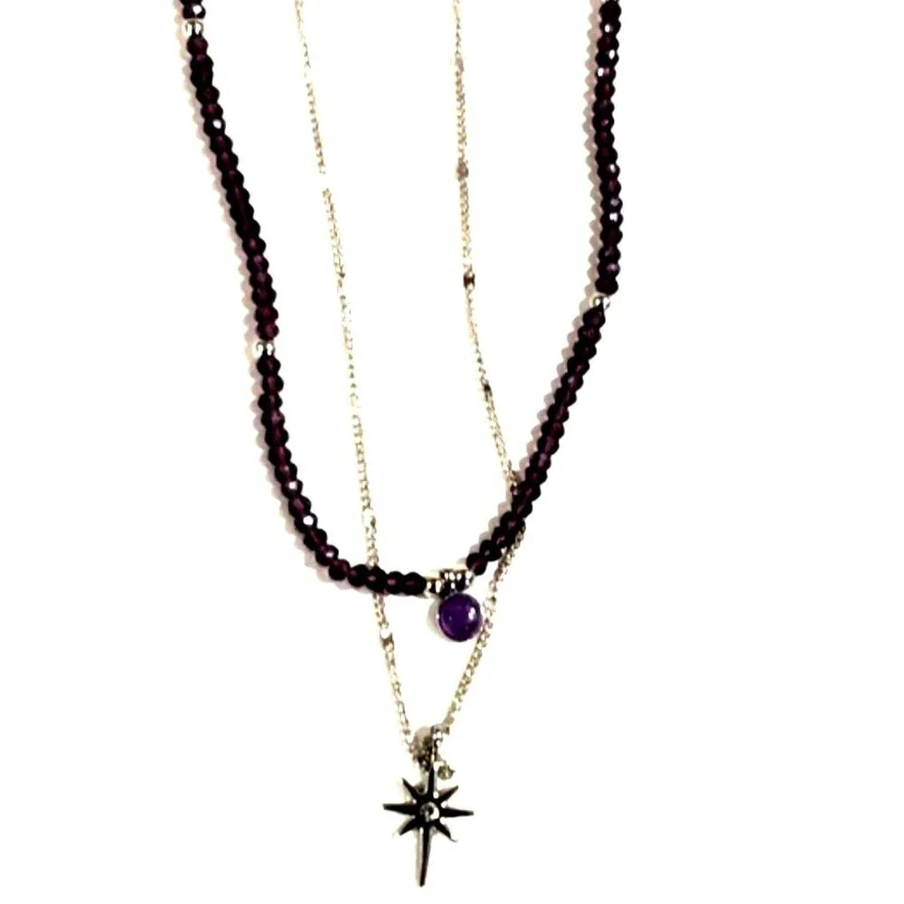 Silver tone Star Pendant & Purple Beaded Necklace Set - Stylish Women's Jewelry